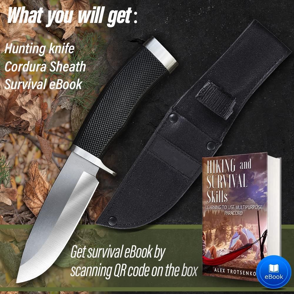 Hunting Knife with Sheath Survival Knives for Men - Best Tactical Camping Hunting Hiking Knife - Bushcraft Field Gear Accessories Tool - Fixed Blade Sharp Knofe with Rubber Handle for Men 148109