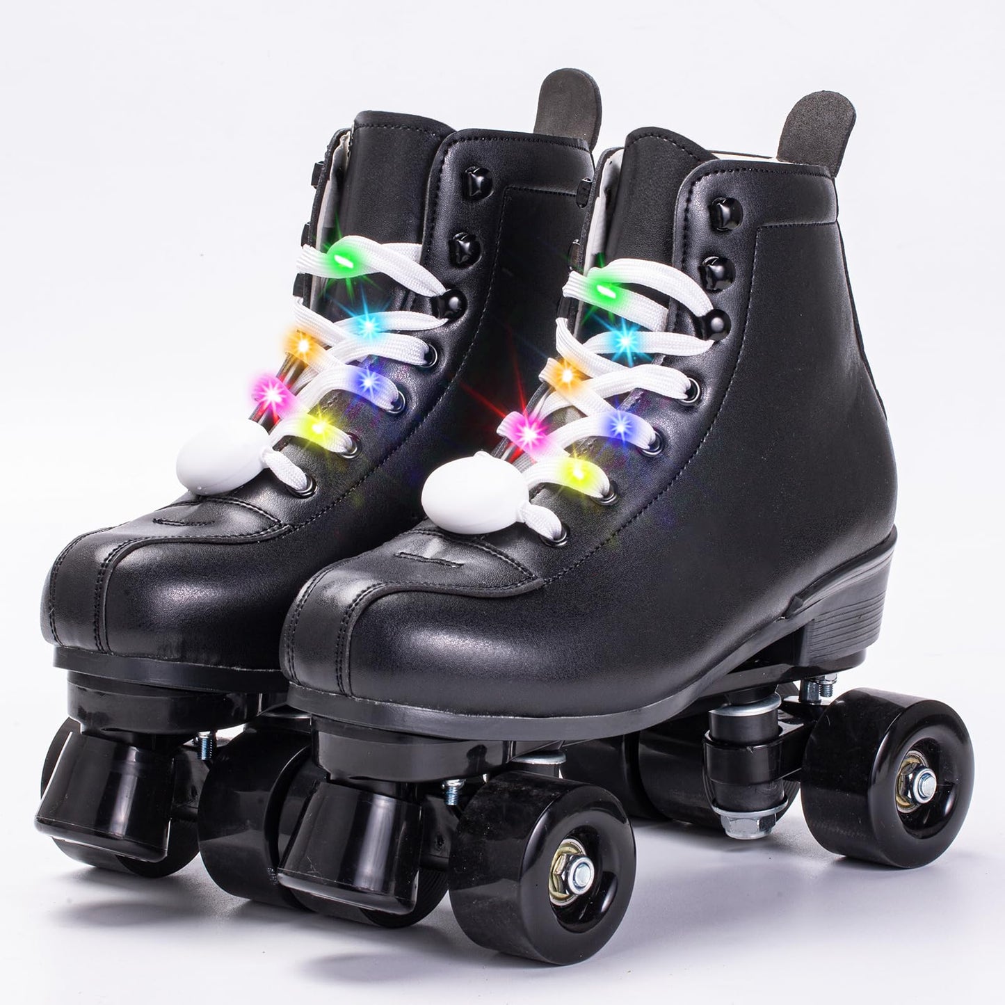 SCNUT Roller Skates Women Men High-Top PU Leather Roller Skate Classic Double-Row Roller Skates Outdoor Indoor Quad-Skates with Light up Shoe Laces (Black Wheel, 46-Women's 12 / Men's 11)