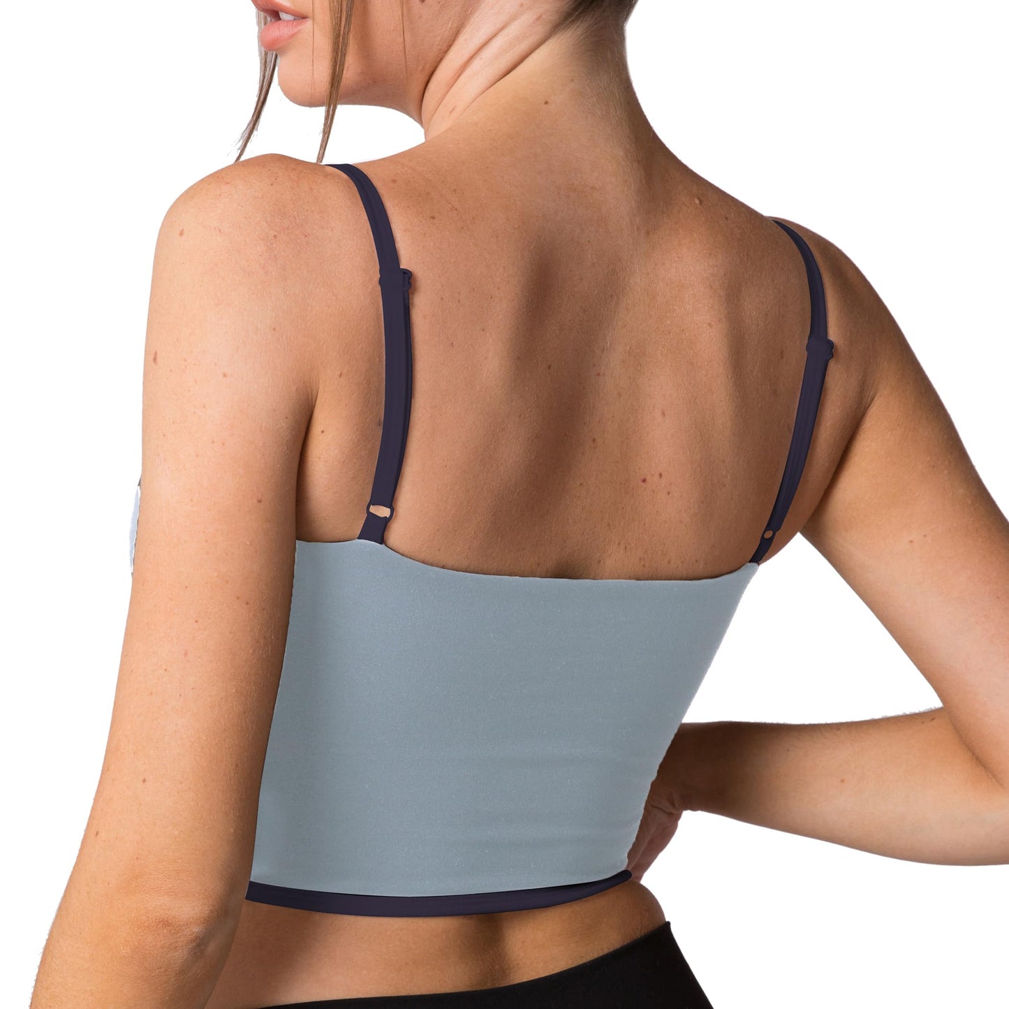 Move With You Sleeveless Spaghetti Strap Padded Sports Bra Tank Tops Square Neck Double Layer Workout Fitness Basic Crop Tops(Grey & Navy,XL)