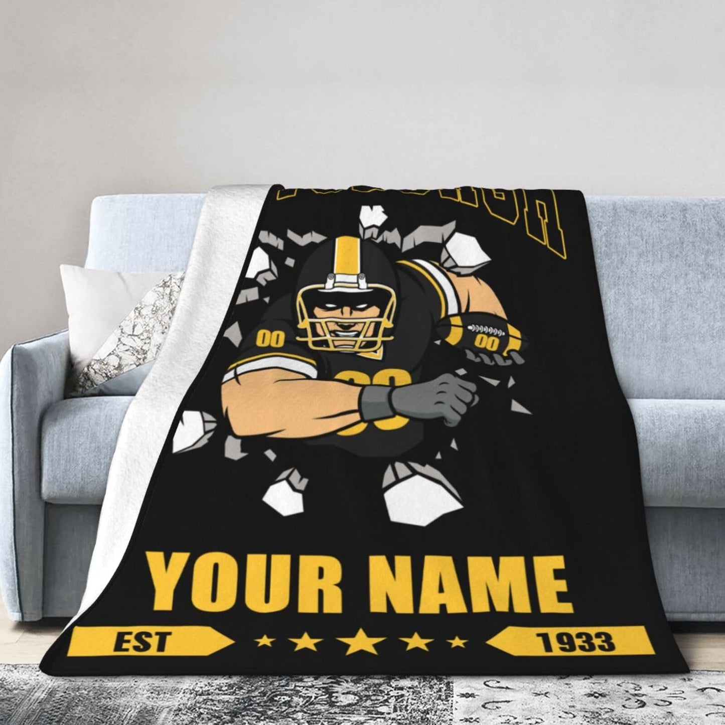 Personalized Pittsburgh Blanket with Name Number Custom Football Throw Blankets Customized Flannel Blanket Fan Gifts for Men Women Boy Decor for Couch, Bed, Sofa 30"x 40",40"x50", 50"x60", 60"x80"