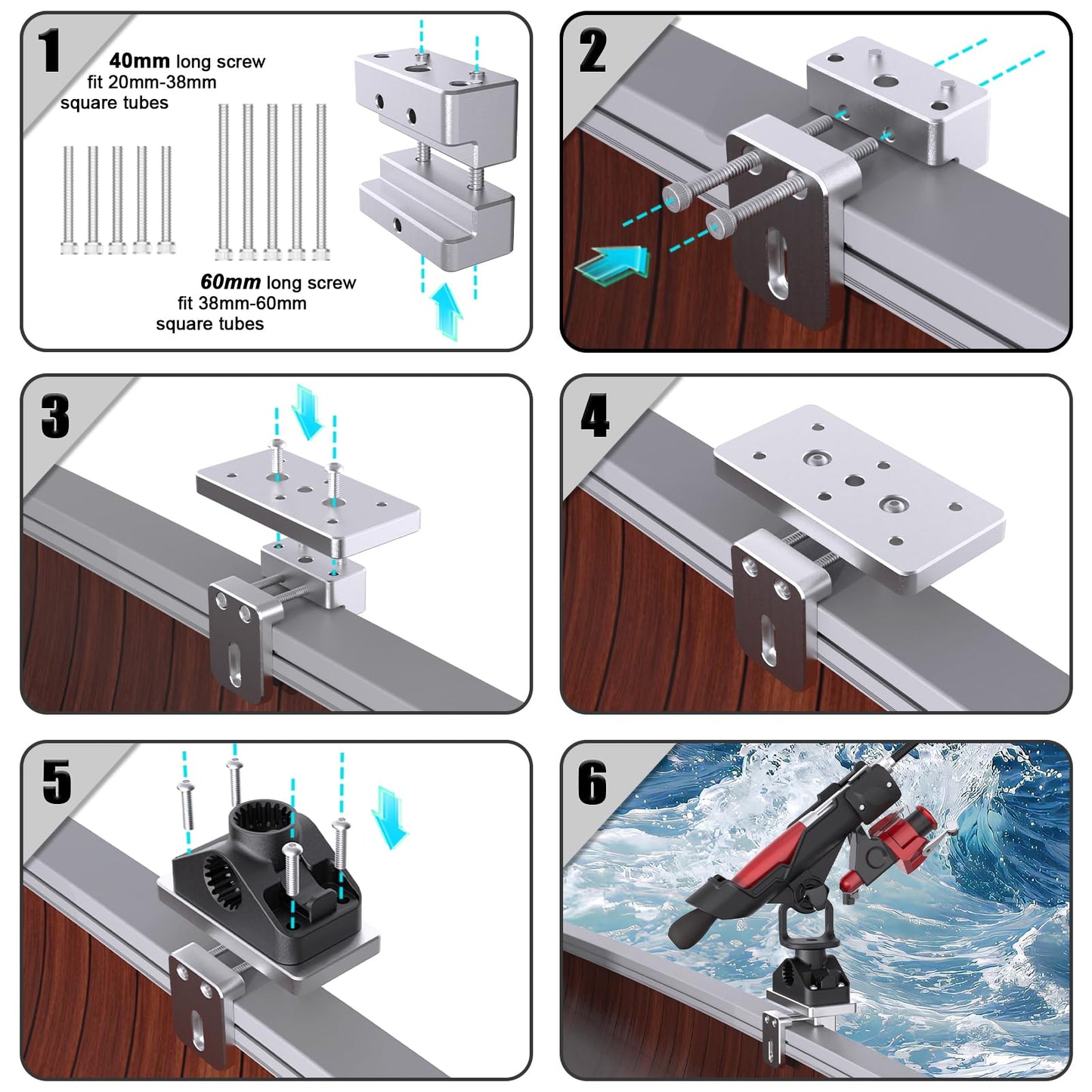 Fishing Rod Holders for Boat, Fishing Boat Rod Holder with Square Rail Mount Track Mount, 360 Degree Adjustable Pole Holders Fishing Rod Rack 2Pack