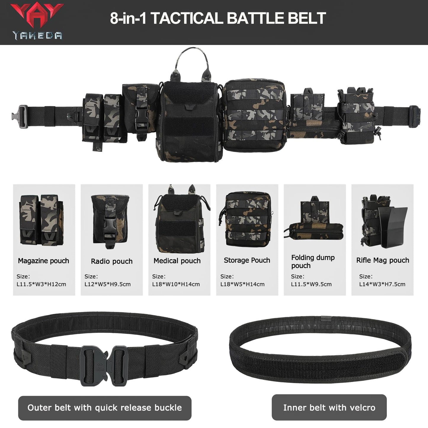 YAKEDA Molle Battle Belt with Pouches:Tactical Combat Vest Quick Release Belt Airsoft Belt Heavy Duty Belts Law Enforcement 8 pcs (Black CP)