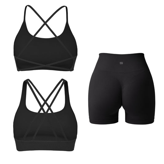 SUUKSESS Women 3 piece Seamless Workout Sets Padded Strappy Sports Bra Booty Athletic Shorts Set (Black, L)