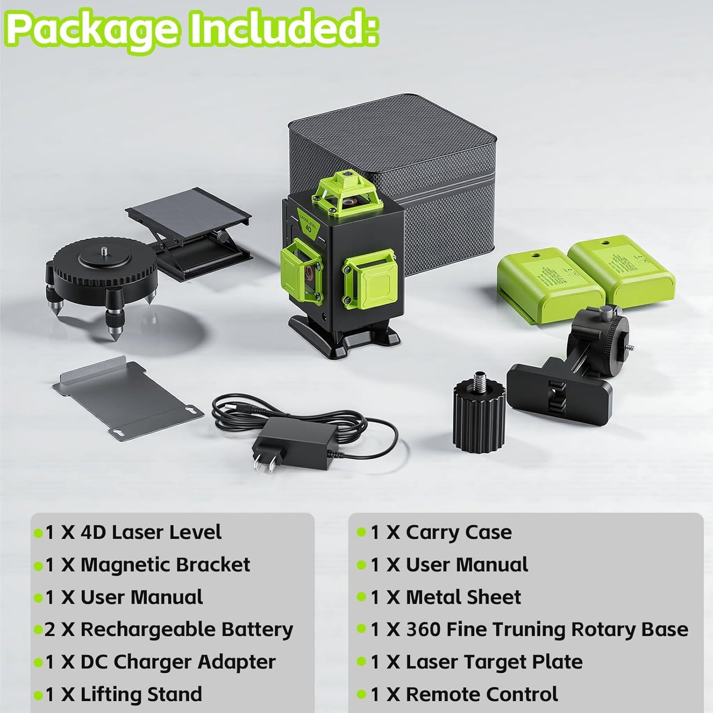 16 Line Laser Level - 360° Self-Leveling Green Laser Tool for Picture Hanging & Construction | Includes 2 Batteries, Magnetic Bracket, Remote Control
