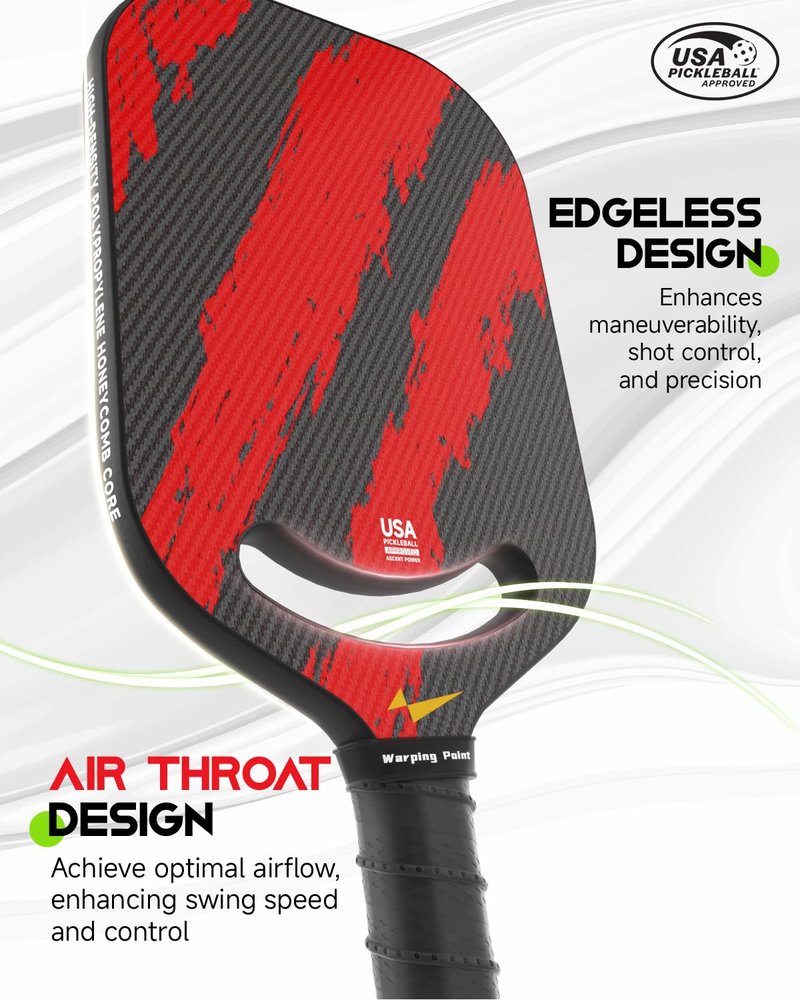 Warping Point Ascent Pickleball Paddles | Carbon Fiber Pickleball Racket with Aero Throat | Textured Grit Surface | 16mm Hexa Polymer Core | USAPA Approved | Designed for Power & Spin | Red