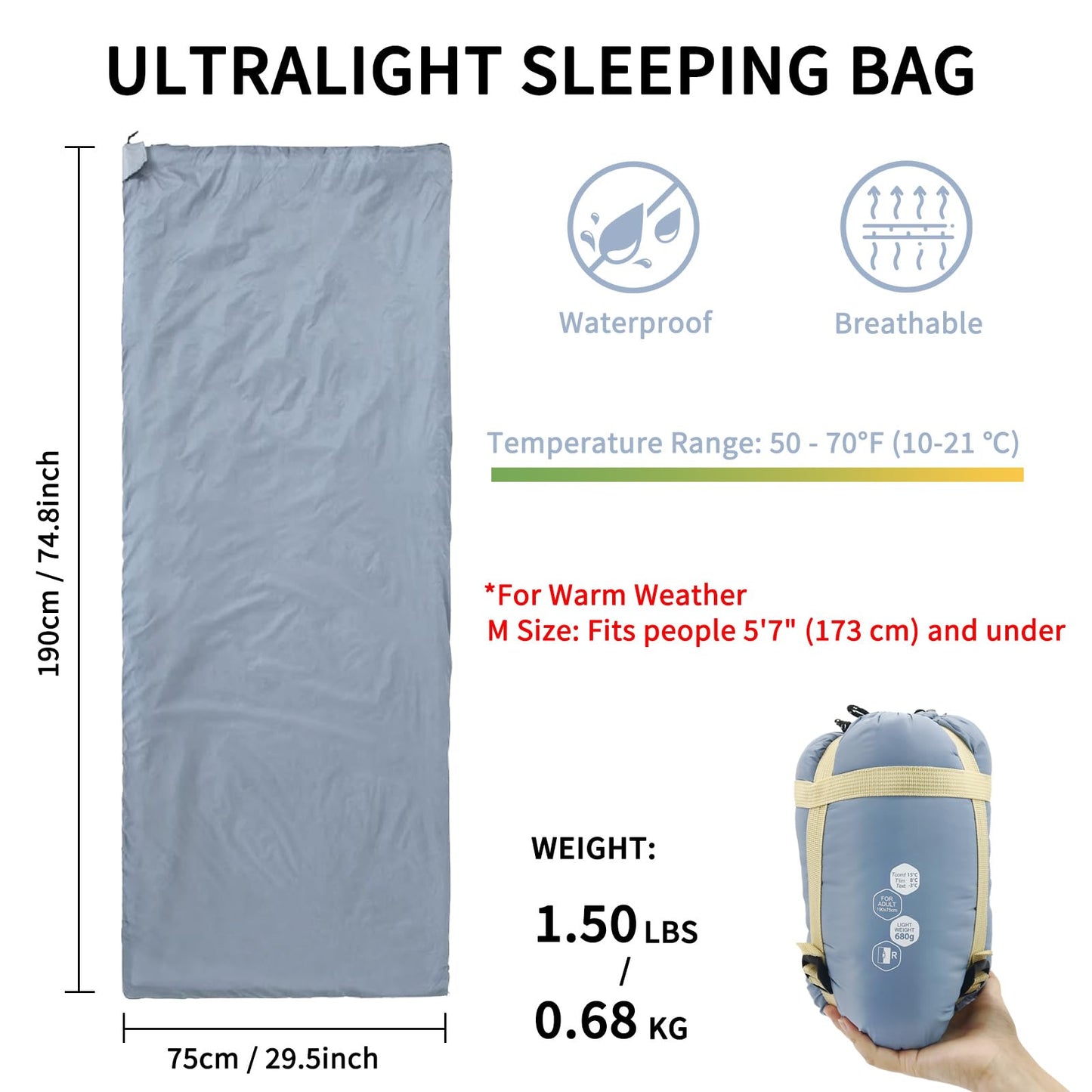 NewDoar Ultralight Backpacking Sleeping Bag - 50-70°F, 1.5lbs, Waterproof & Machine Washable, 2-Way Zipper for Teens,Couples,Women,Men Compact for Hiking/Camping (Blue,Medium)
