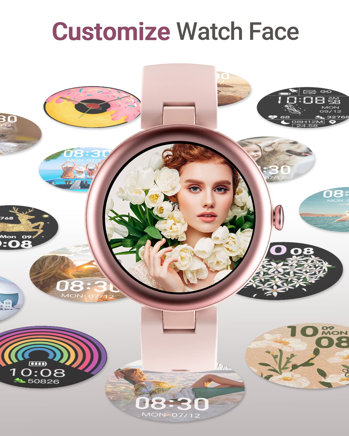 Fitness Watches for Women, Fitness Tracker Gifts for Women Mom Round Smartwatch Compatible with iPhone Android Phones with Heart Rate Monitor Pedometer Sleep Tracker Steps Counter Waterproof Pink