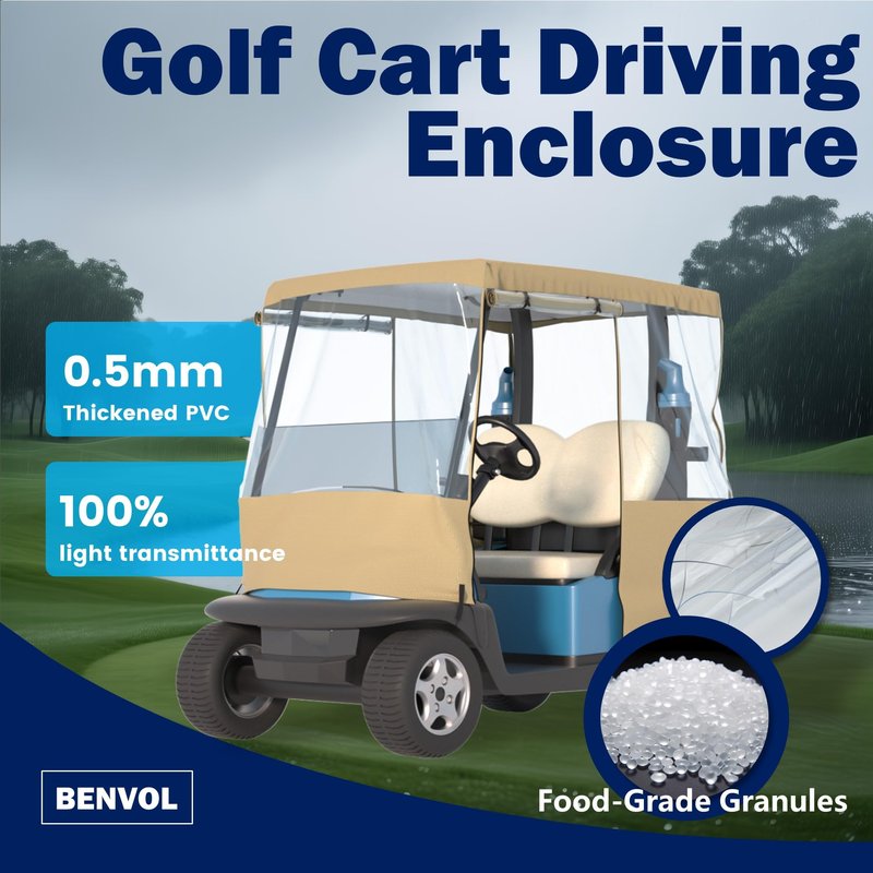 BENVOL Golf Cart Cover 2 Seater Drivable Enclosure - Fits Club Car Precedent, Tempo & EZGO TXT (Roof Up to 58") - 900D Heavy Duty Khaki Waterproof Rain Cover with 0.5mm Clear Vinyl Windows