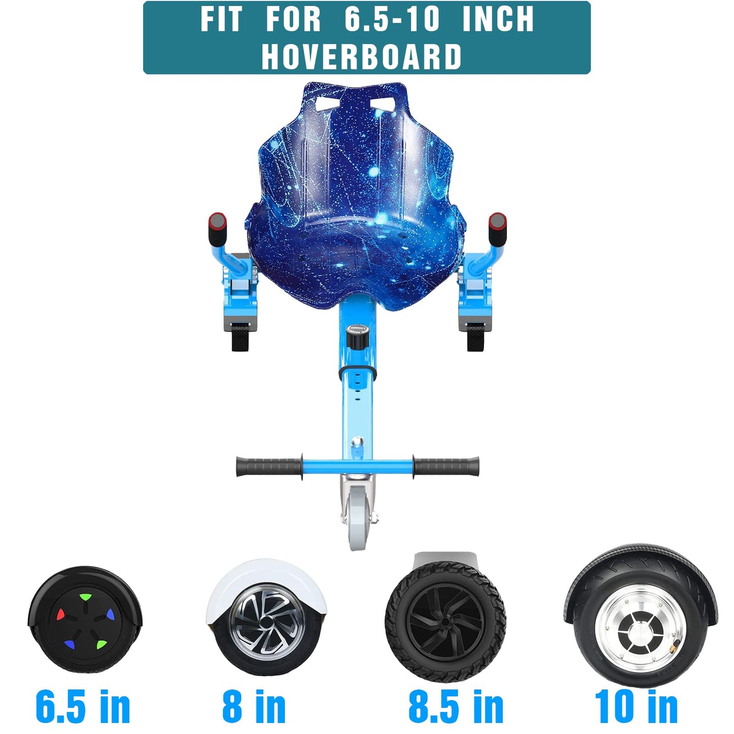 DisplayForever Hoverboard Kart Seat Attachment for All Ages | Hoverboard Accessories Compatible with 6.5'' 8'' 8.5'' 10'' Two Wheel Self Balancing Scooter | Adjustable Frame Length | Blue