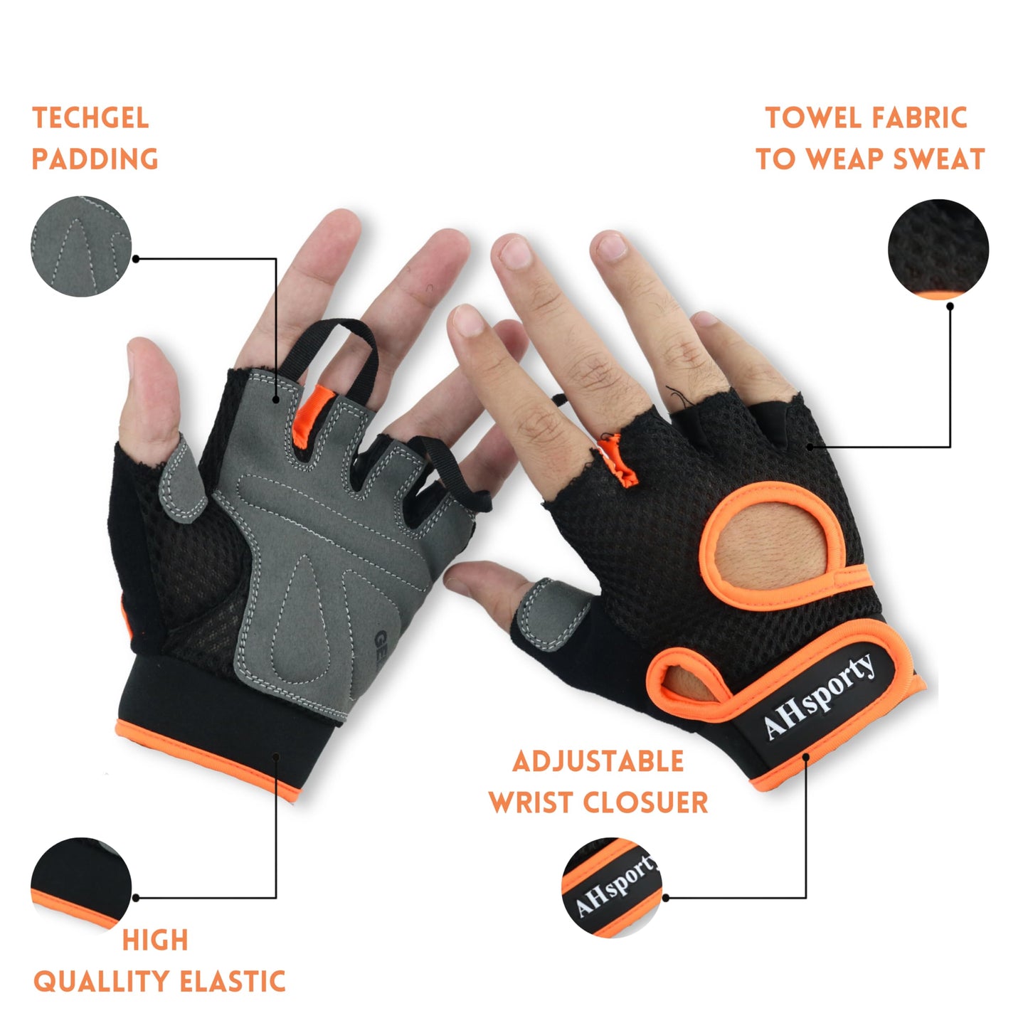 AHsporty Workout Gloves for Men & Women, Weight Lifting Gloves with Padded Full Palm Protection & Extra Grip, Gym Gloves for Exercise, Pull Ups, Fitness & Rowing (Orange, Large)