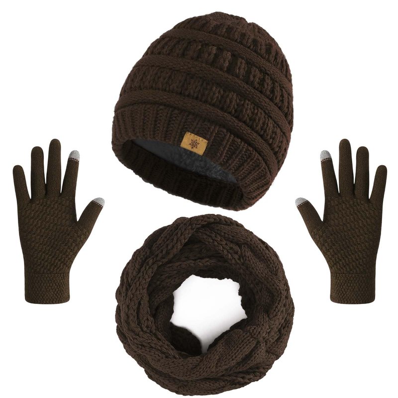 Winter Beanie Hat Scarf Gloves Set, Thick Warm Knit Winter Skull Cap Touch Screen Gloves Neck Scarf for Women Men 6 Coffee