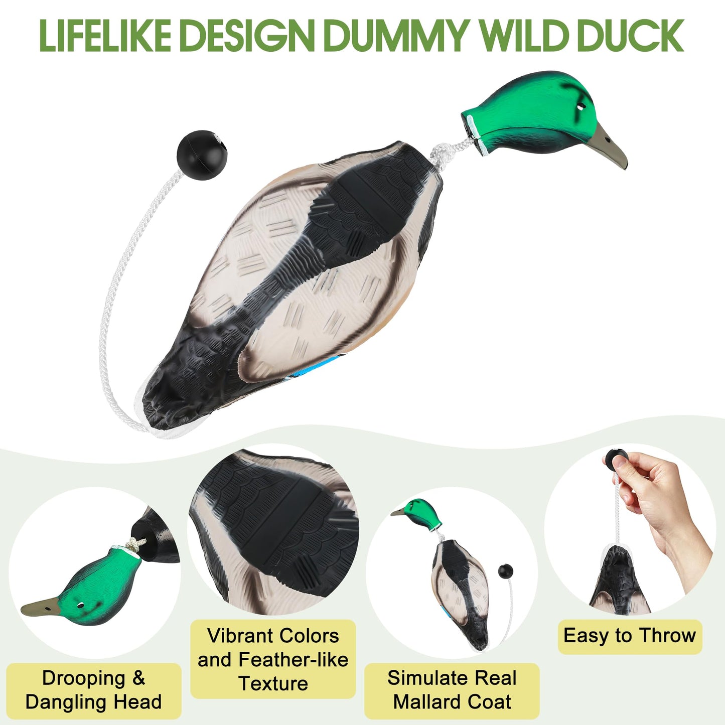 Solaradgy Duck Dummy Bumper for Waterfowl Hunting Retriever Dog Training, Dead Duck Style Floating Scent-Injectable Trainer for Land and Water, Includes Storage Bag & 10 High-Visibility Strips