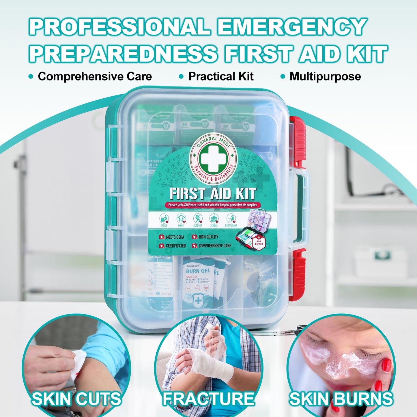 General Medi 420 Pieces Professional First Aid Kit - HardCase First Aid Box - Contains Premium Medical Supplies for Travel, Home, Office, Vehicle, Camping, Workplace & Outdoor