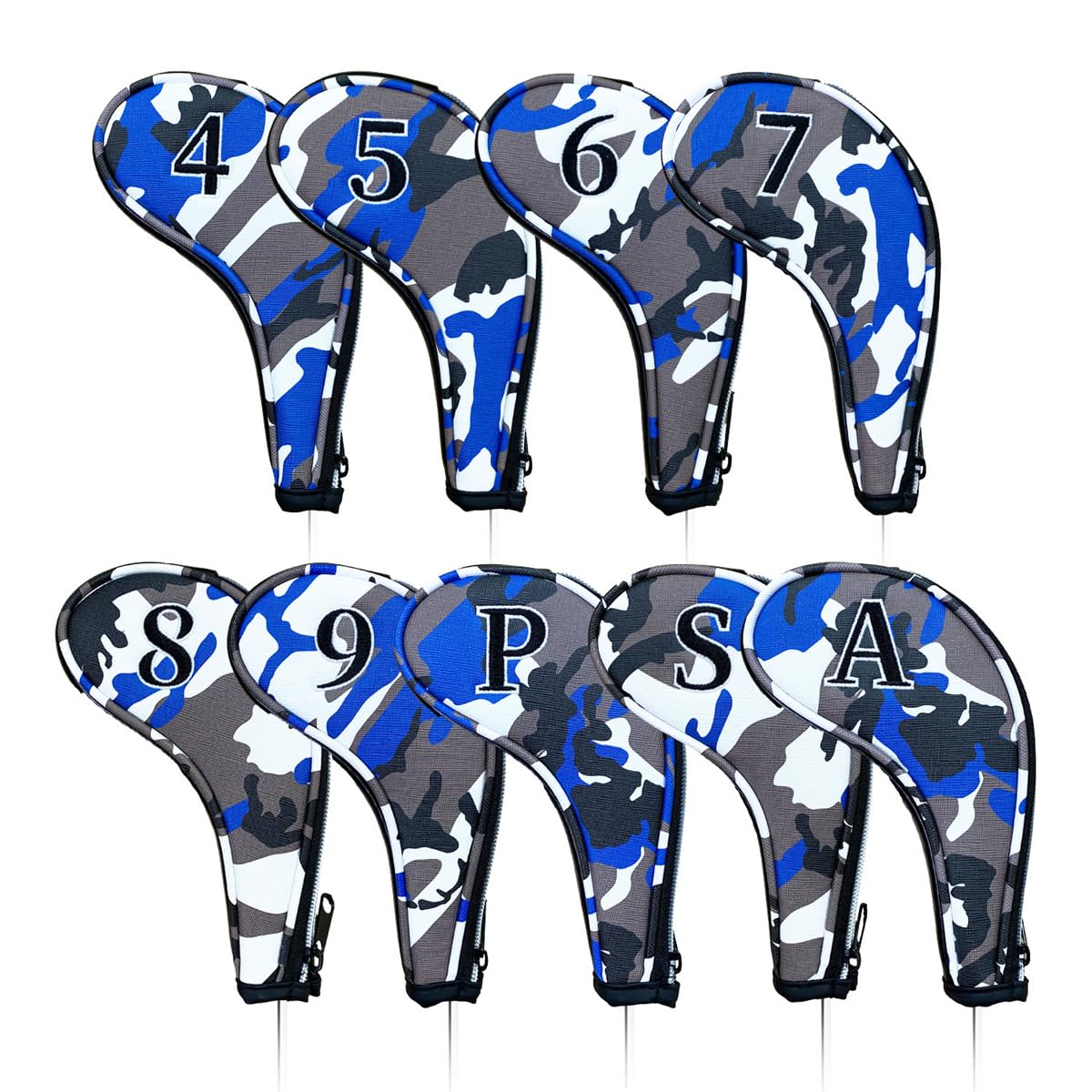 9pcs PU Leather Camouflage Blue Zipper Long Neck Design Golf Iron Headcovers Both Side Number Golf Iron Club Head Cover LH RH Covers #4-9,P,S,A