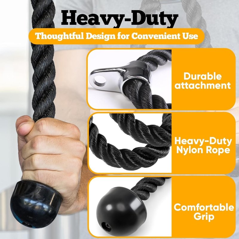 Double Length Tricep Rope for Cable Machines - 55 Inch Heavy Duty Pulldown Attachment, 4ft 7in Gym Strength Training Accessory & Home Workout Equipment