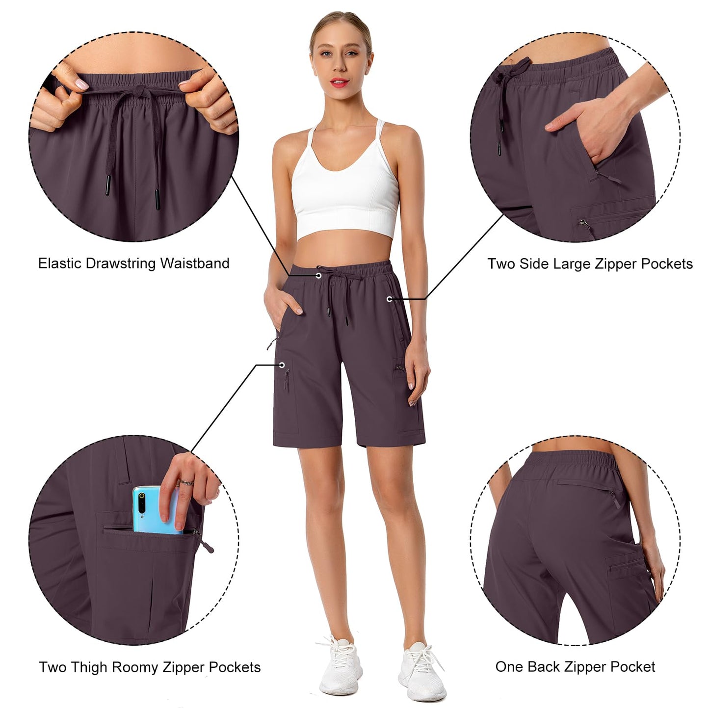 Hugut Women's Lightweight Hiking Cargo Shorts Quick Dry Athletic Shorts Camping Travel Golf Zipper Pockets Water Resistant Dusty Purple