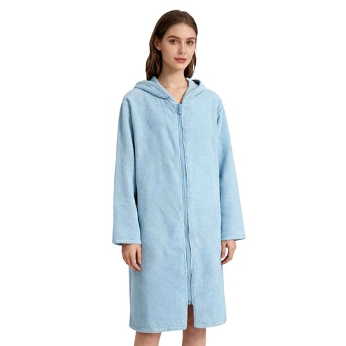 Weecreeture Hooded Towel Poncho with Zipper and Pocket, Surf Poncho for Men and Women, Beach Bath Changing Robe Cover Up Light Blue XL