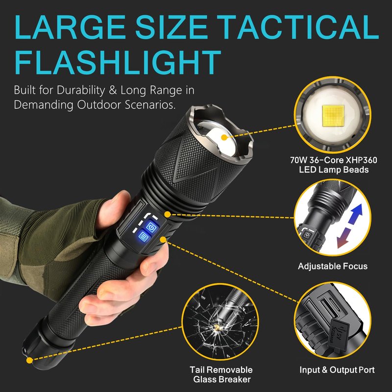 AKISONG X928 70W XHP360 LED Rechargeable Tactical Flashlight 10,000 High Lumen, 2,000ft Long Range Beam Zoomable Waterproof Flashlight with Safety Hammer & USB Output for Camping Hunting Patrol Search