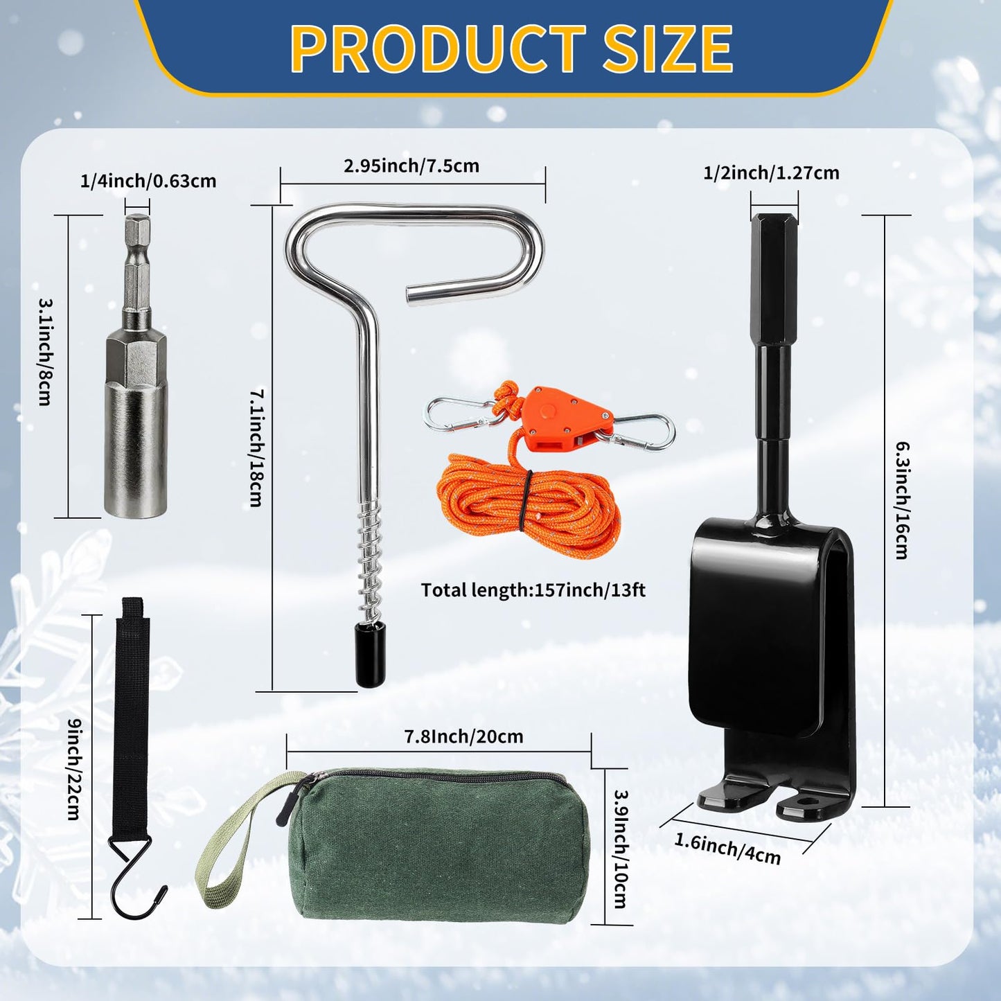 Heavy Duty Ice Anchor Drill Adapter Tool Kit, 19Pcs Stainless Steel Tent Stakes Set with 13FT Ratchet Ropes, Tent Hooks, Canvas Bag for Ice Fishing Shelter Setup (8Pcs Tent Stakes+6Pcs Rope Roller)