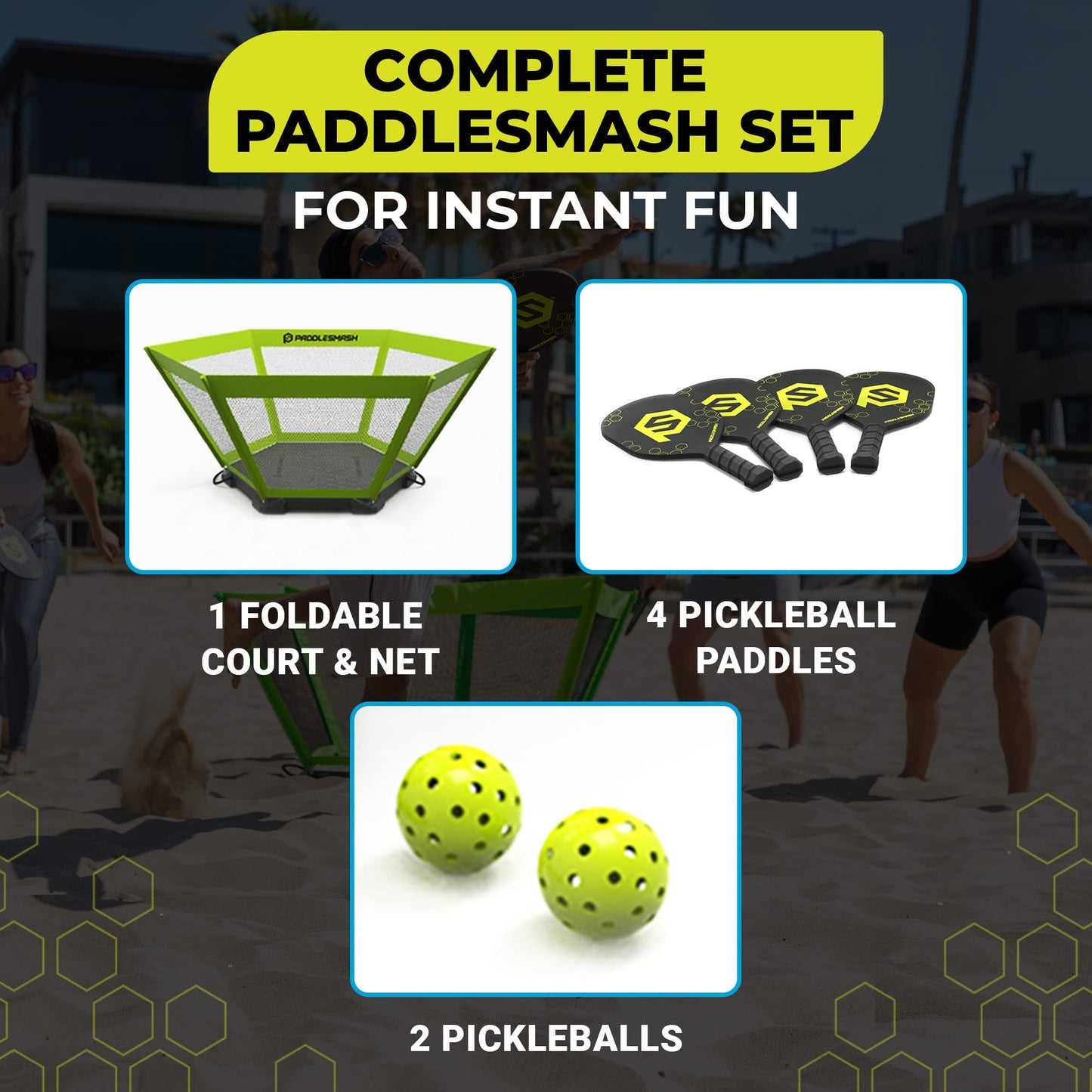 PaddleSmash - Pickleball Yard Game, As Seen on Shark Tank - Beach, Backyard, Lawn, Outdoor Activities for Adults and Family - Easy Assembly, Includes 4 Paddles, 2 Balls & Case