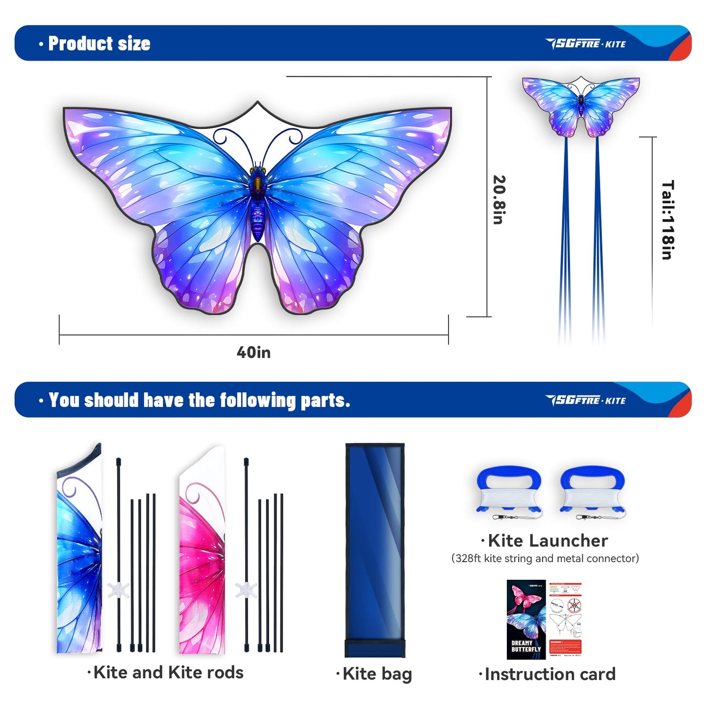 SGftre 3 Piece Set Butterfly Delta Octopus Kites for Kids and Adults，Easy to Fly for Outdoor Adults Children Line Kite for Kids Toy (Pink +Blue Dreamy Butterfly, 2)