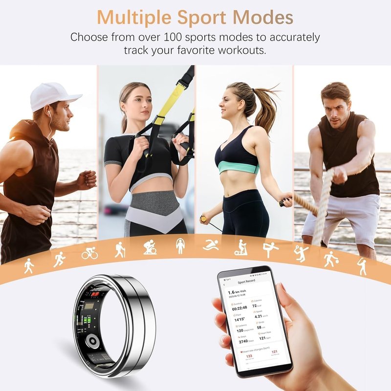 Fit Ring, Smart Health Rings for Women Men with Heart Rate,Blood Oxygen,HRV,Stress Level, Sleep Monitor, Step Tracker, No Subscription Fee, IP68 Waterproof Smart Ring for iphone &Android (Silver, 12#)
