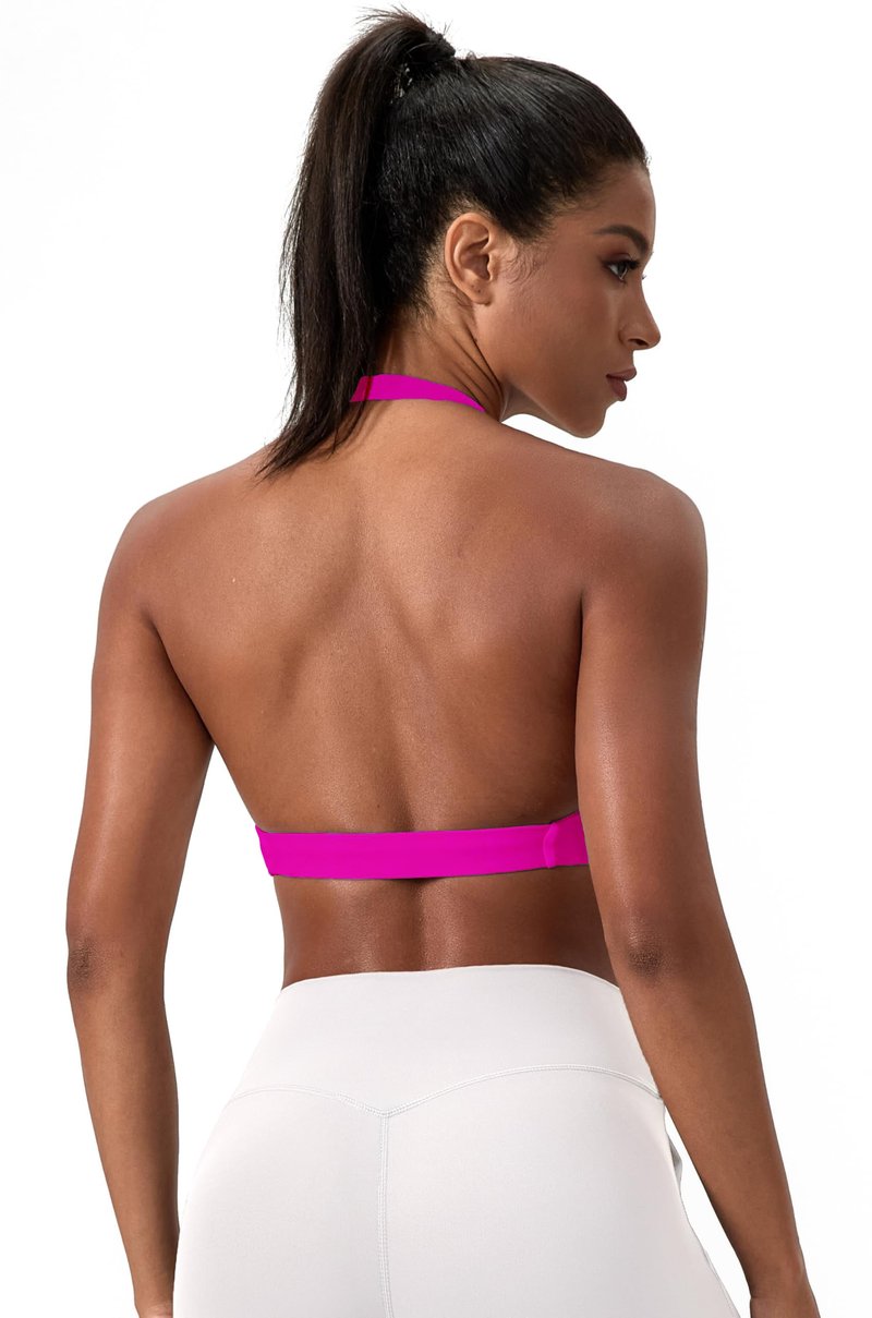 Yuerlian Workout Sports Bras for Women V-Neck Twist Padded Open Back Wireless Gym Yoga Low Impact Bra Hot Pink
