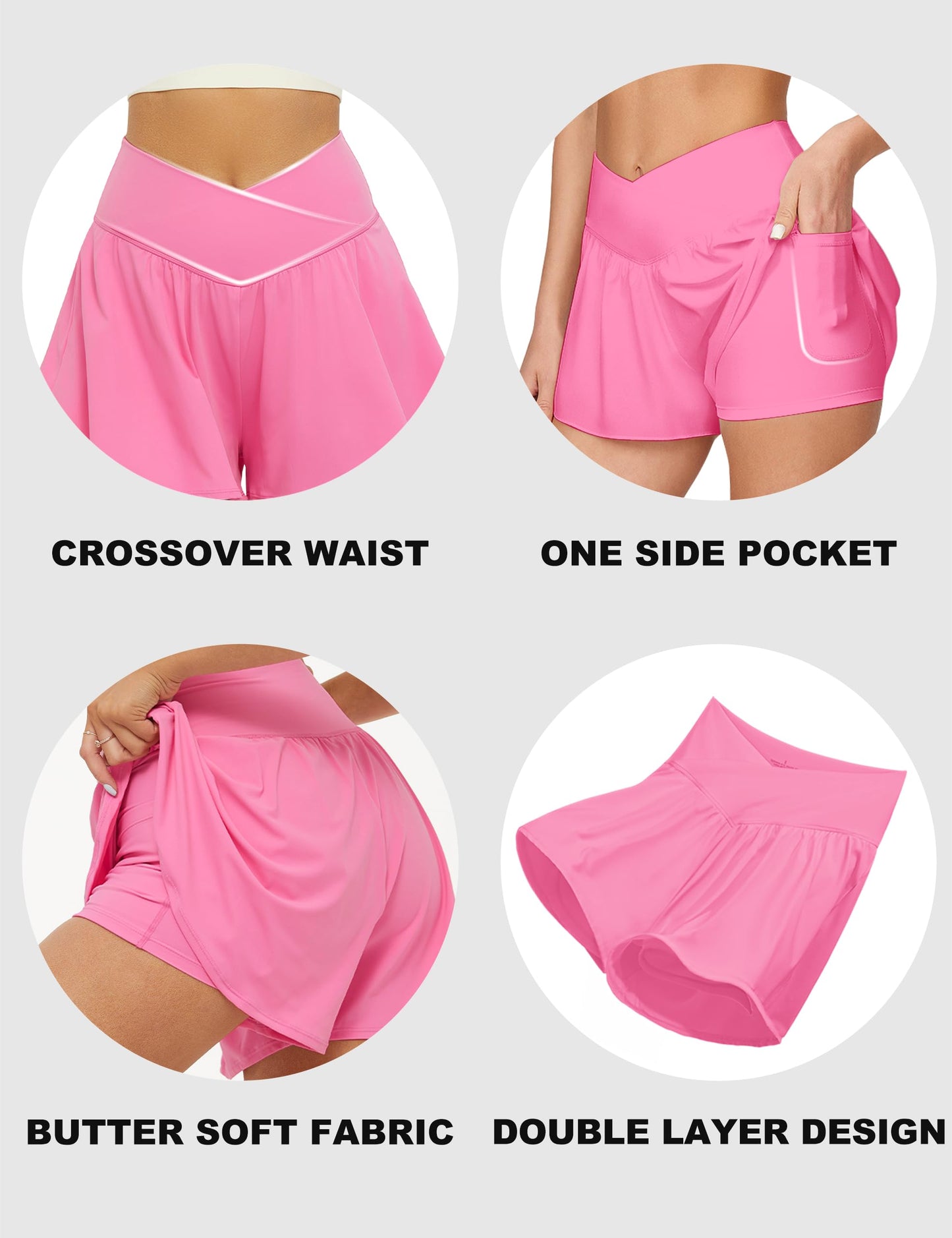 FireSwan Crossover Athletic Shorts for Women 2 in 1 Flowy Running Shorts with Pockets Spandex Butterfly Workout Tennis Skorts Pink