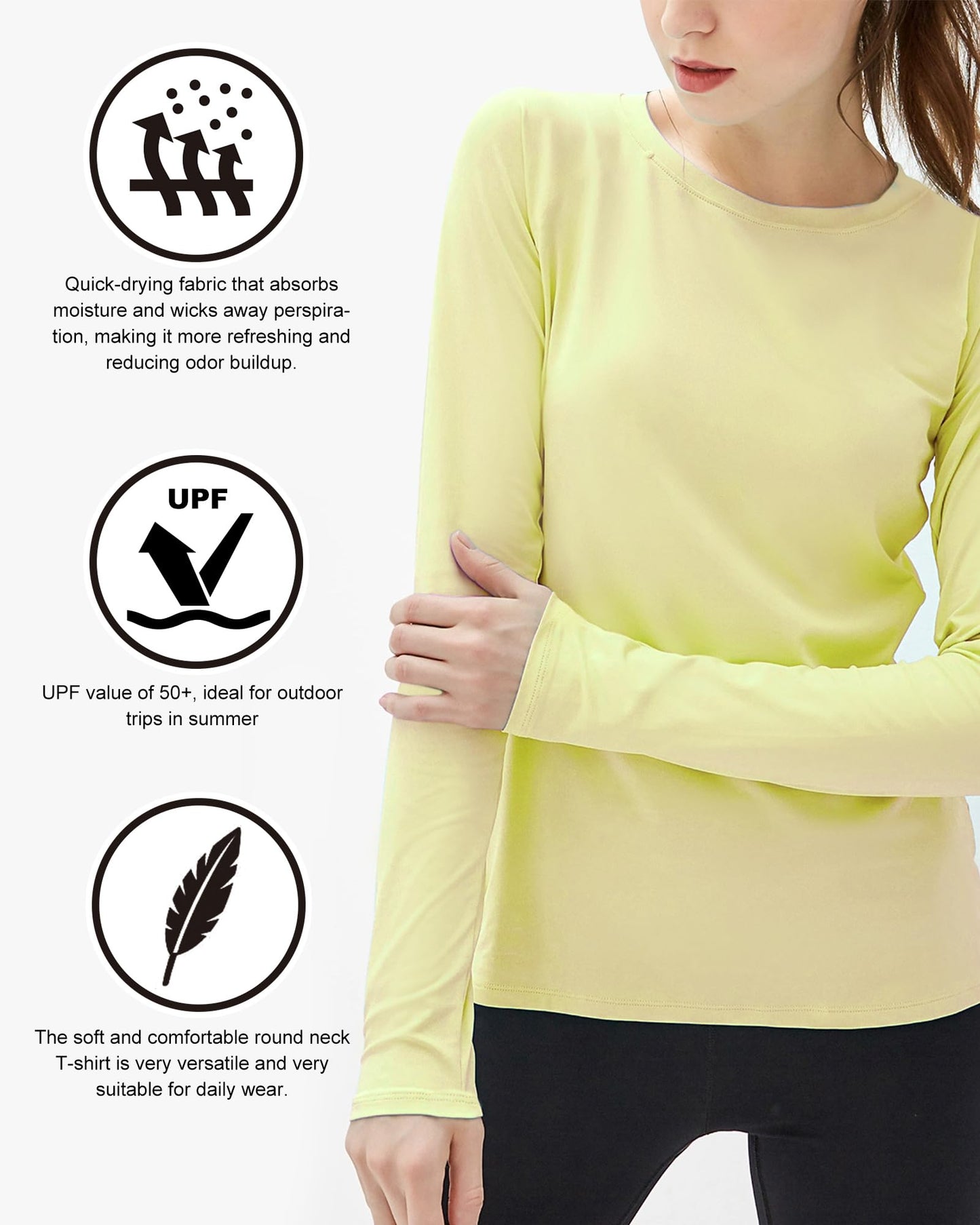 isnowood Womens Long Sleeve Rash Guard, UV UPF 50+ Sun Protection Shirts, Quick Dry Lightweight Tops for Swimming Workout Hiking Running Bright Yellow