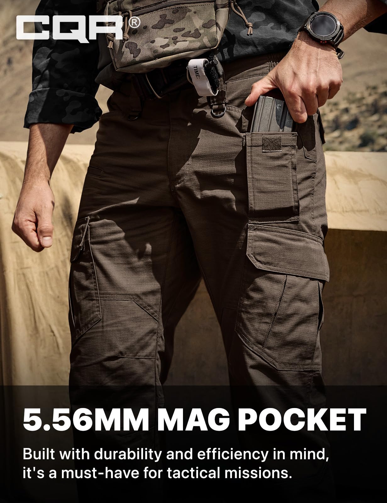 CQR Men's Tactical Pants, Water Resistant Ripstop Cargo Pants, Lightweight EDC Work Hiking Pants, Outdoor Apparel, Duratex Mag Pocket Dark Brown, 42W x 32L