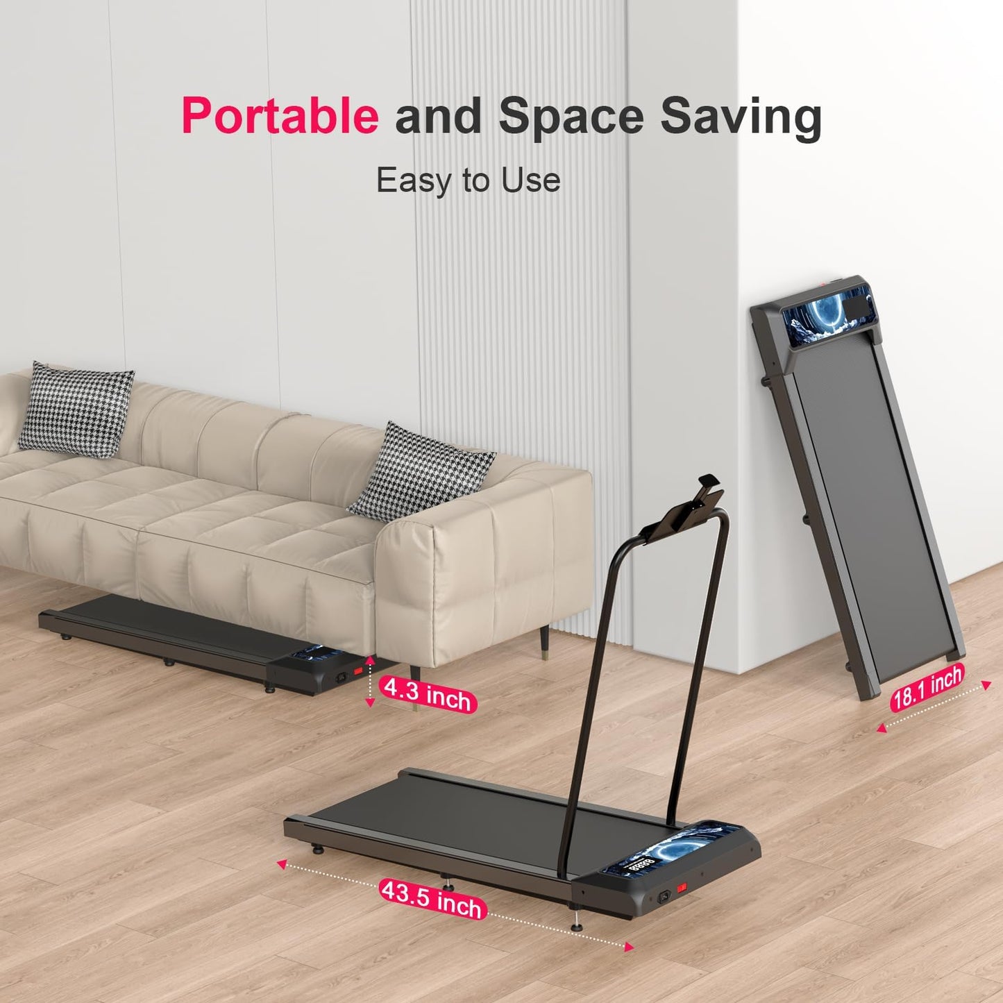 RJOP Walking Treadmill Pad with Incline - Portable Under Desk Treadmill, Walking Mat Pad with Handle Bar, 2.5HP Low Noise, 2 in 1 Treadmills for Home Office