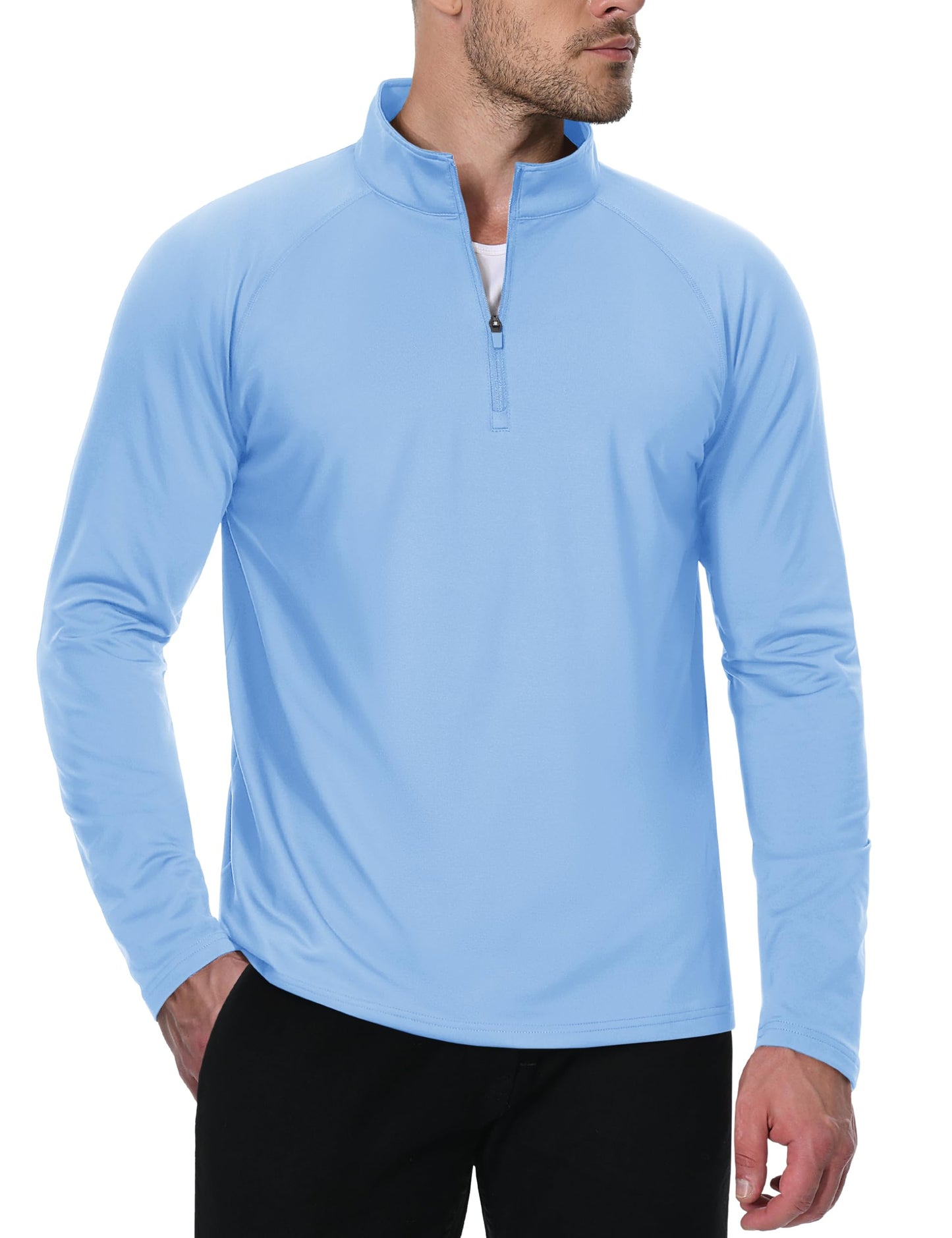 MAGCOMSEN Men's Quarter Zip Pullover Long Sleeve Fleece Lined Golf Lightweight Sweatshirts Thermal Quarter Zip Shirt Light Blue,L