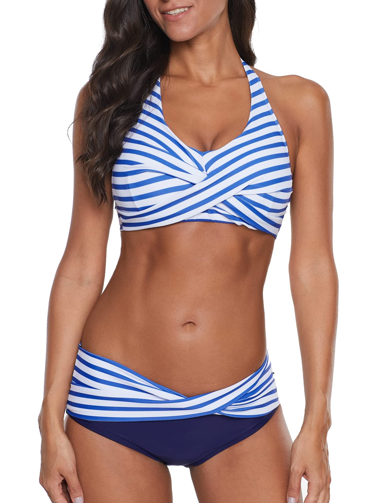 Yanekop Womens Two Piece High Waisted Swimsuit Push Up Halter Bikini Striped Padded Bathing Suits(Blue,XL)