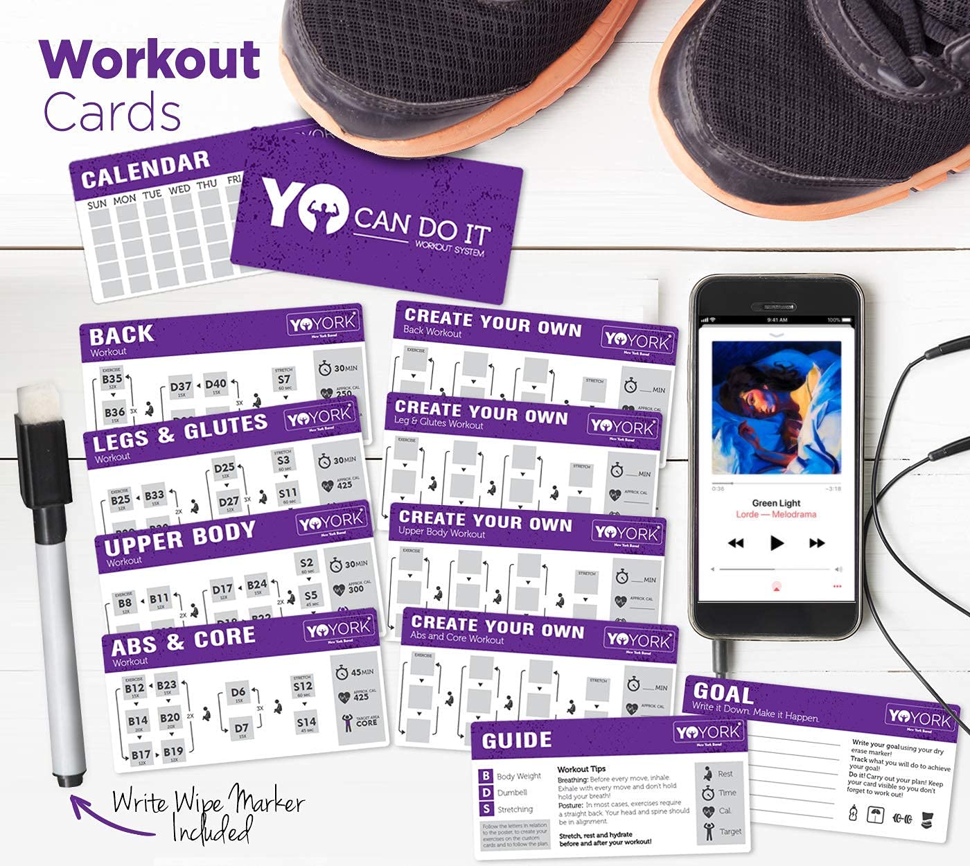 YoYork Exercise Posters for Stretching, Dumbell & Bodyweight Training - Home Gym & Fitness Workout w Minimal Equipment Needed - Get Full Body Workout at Home - 3 Laminated Posters Plus Workout Cards