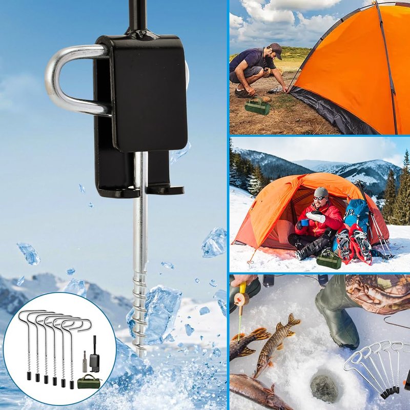 Ice Anchor Tool Kit, Ice Fishing Tent Stakes & Nails with Drill Adapter, Stainless Steel Auger Accessories Set with Threaded Gear & Protective Bag for Camping Shelters and Shanties