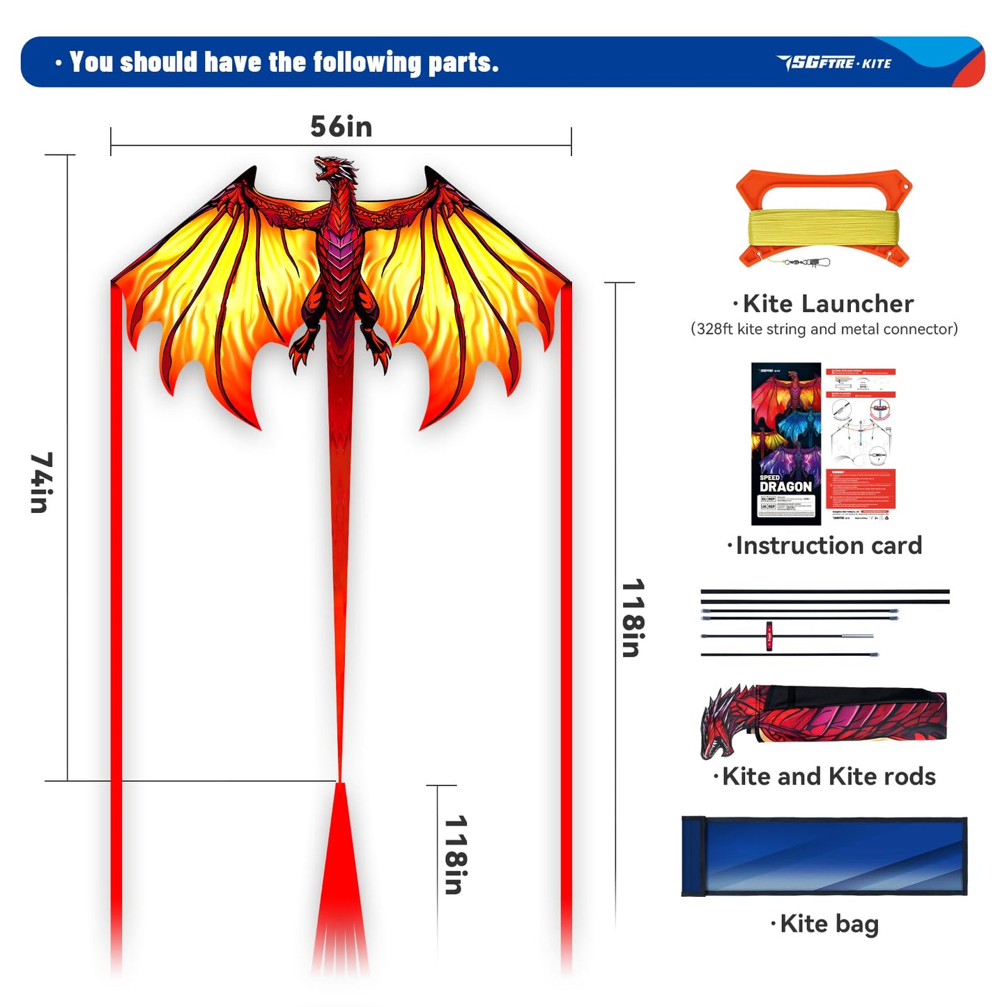 SGftre Complete Kite with Handle, Line & Accessories,Easy to Fly for Kids & Adults, Perfect for Beach, Park, Family Outdoor Activities (Speed Dragon Yellow, 1)