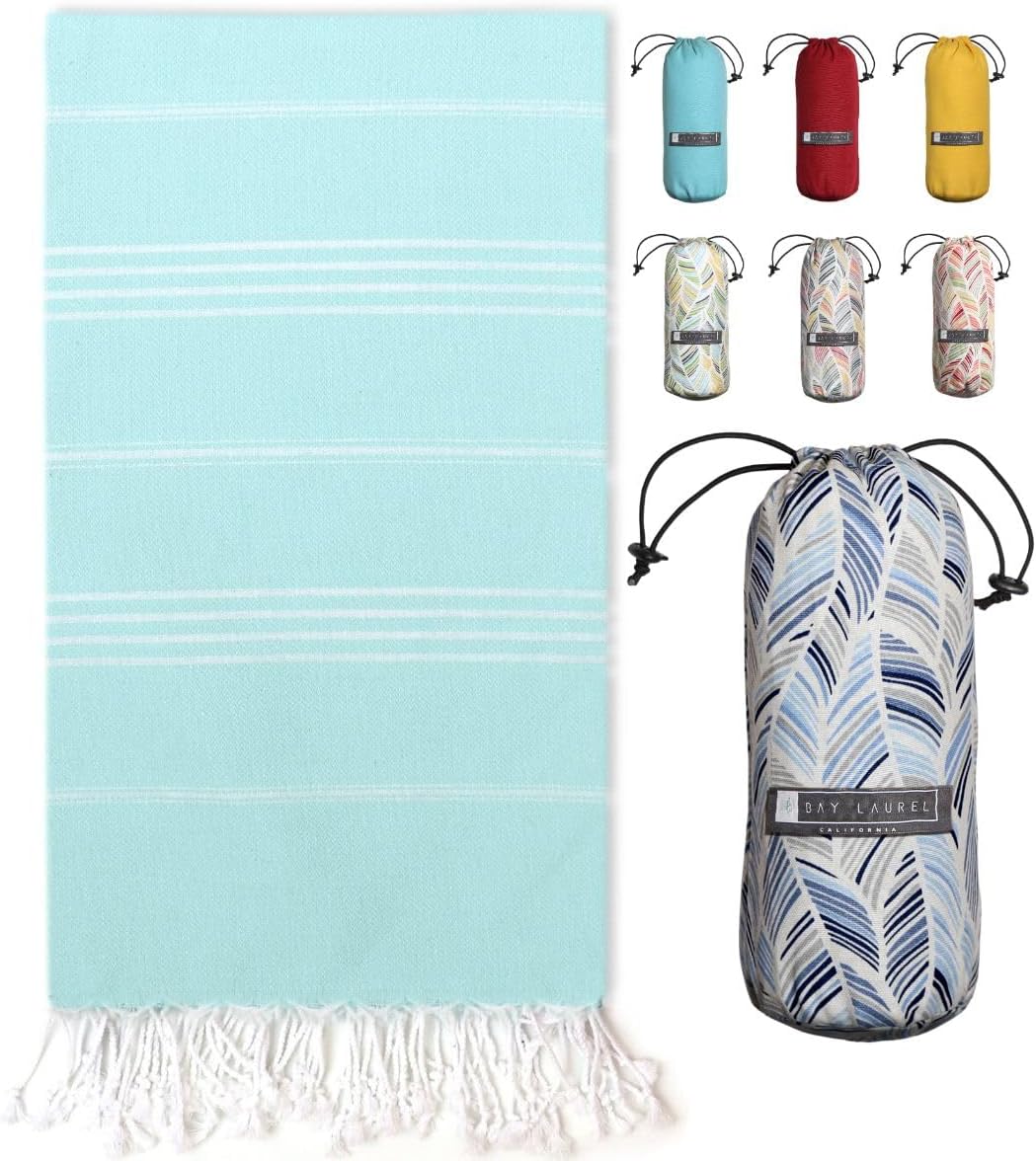 BAY LAUREL Turkish Beach Towel - Quick Dry, Sand-Free, Lightweight | 39 x 71 Inches, Aqua with Floral Bag