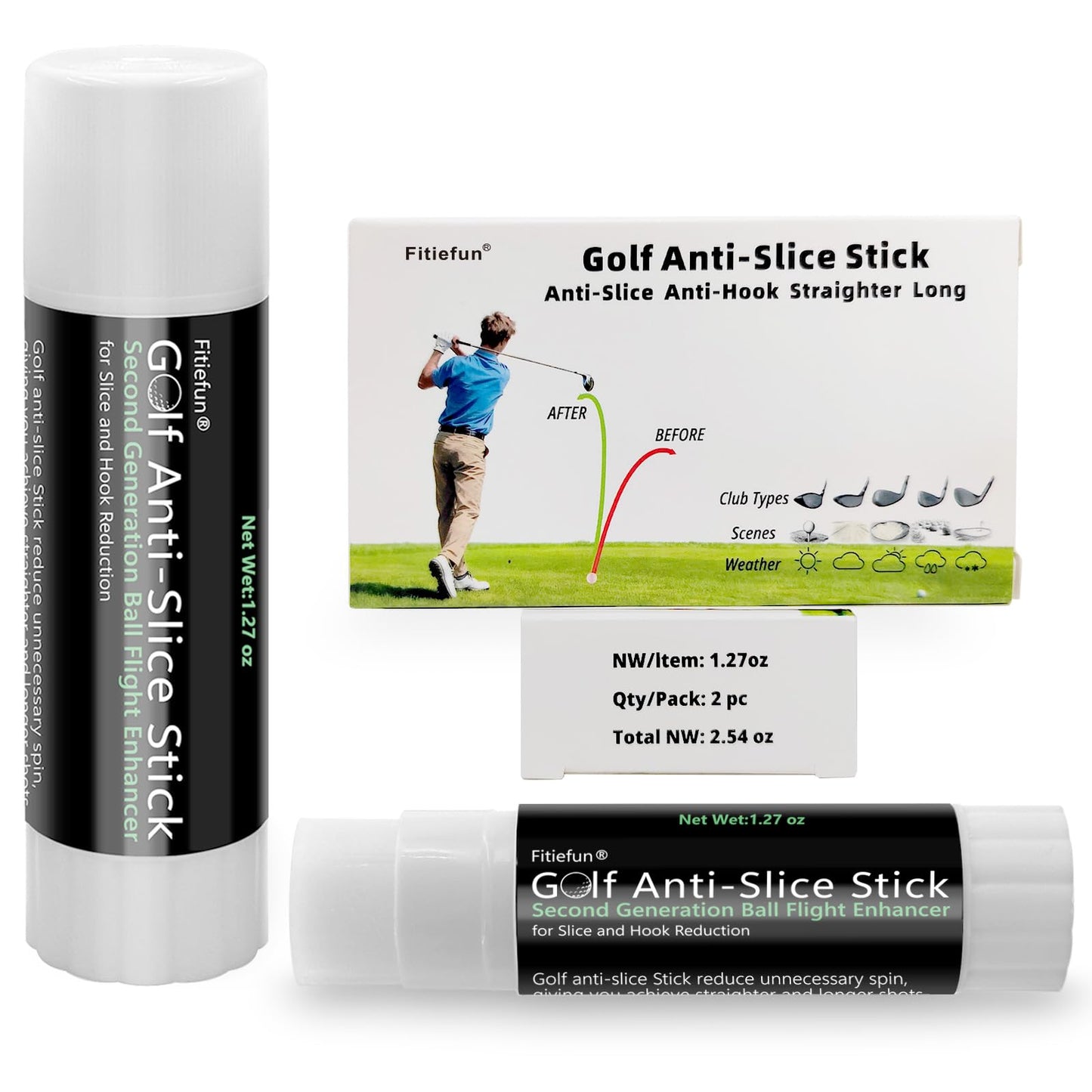 Golf Anti Slice & Anti Hook Solid Compound Stick - 2 Pack (2 x 1.27 oz/36g) | Spin Reducer for Driver, Woods, Hybrids, Irons | Extra Large Capacity per Stick | Improves Accuracy & Distance (2, Black)