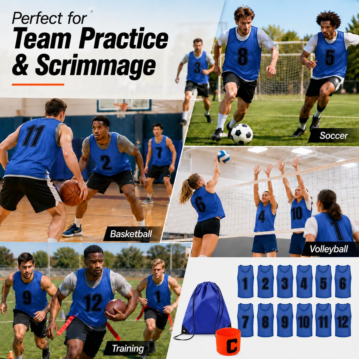TOEPODO Pinnies Set of 12 Scrimmage Vests Soccer Bibs Sports Pinnies Team Practice Jerseys for Youth & Kids with Drawstring Bag & Captain's Armband（Blue）