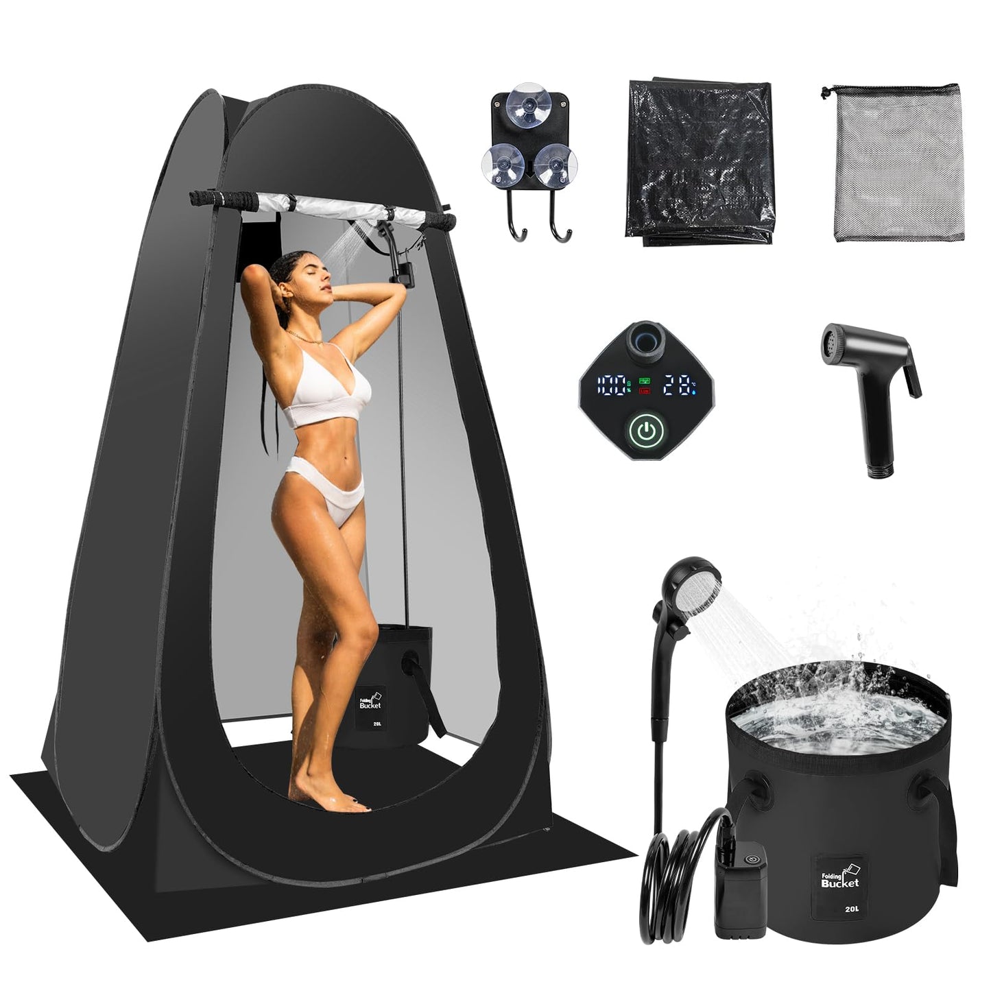 Pop Up Shower Tent for Camping, Portable Outdoor Privacy Shower Tent with 6000mAh Rechargeable Shower (Black)