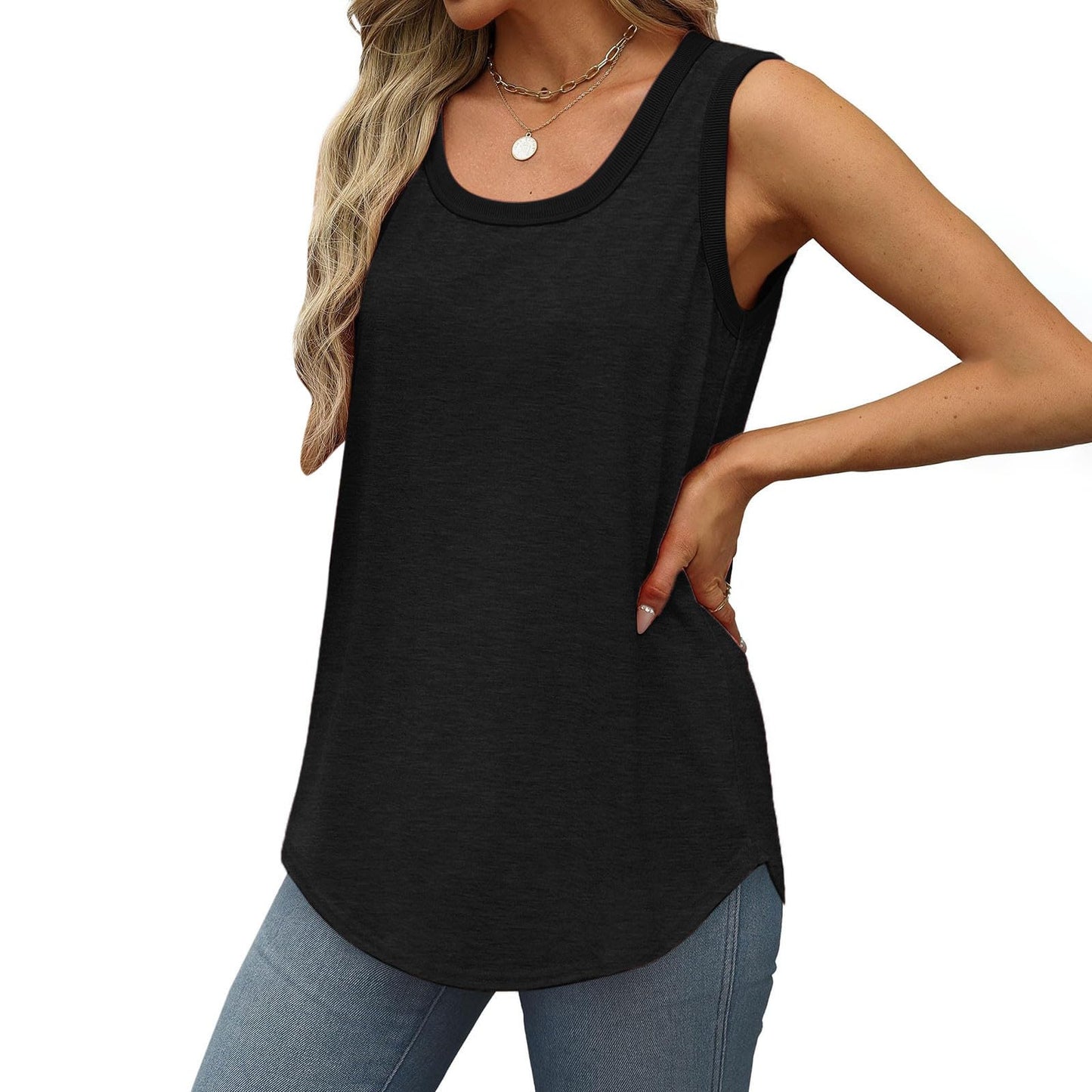 Borniu Womens Tank Tops Summer Loose Sleeveless Tops Scoop Neck Curved Hem Casual Flowy Shirt 2024 Outfits Clothes Black