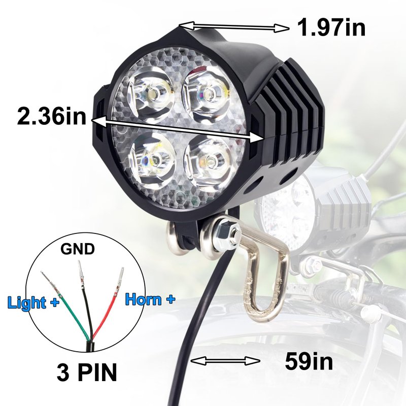 Ebike Headlight 48V 36V, 12V-60V Compatible, 3 Pin SM Connector Electric Bike Front Light