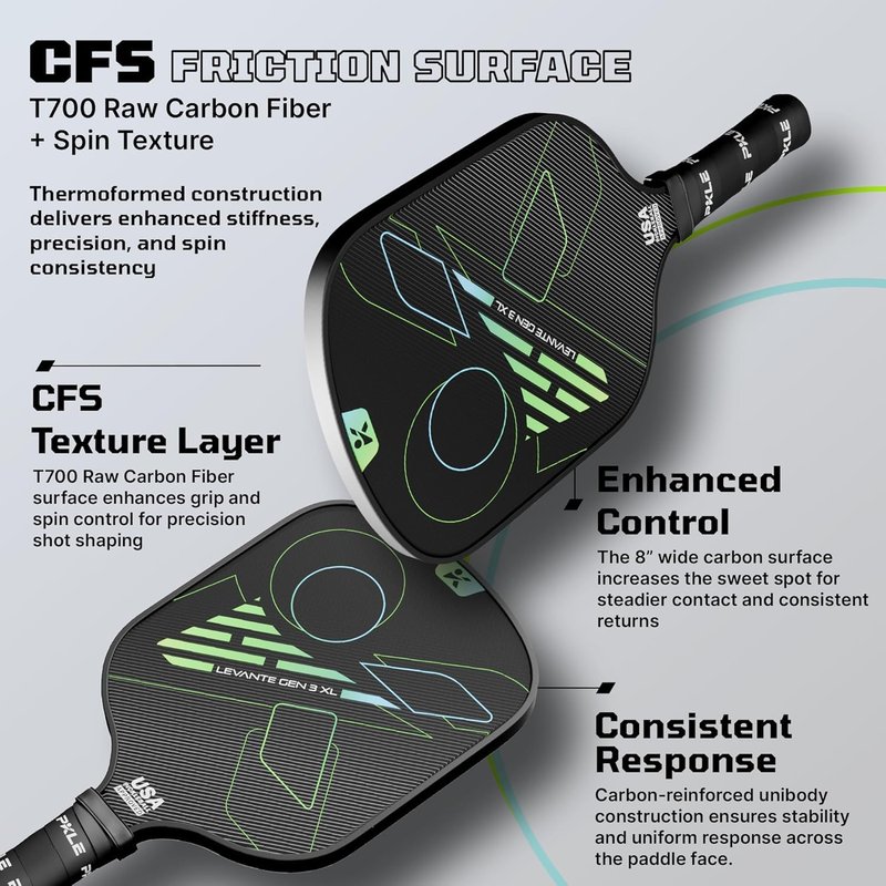 Levante Gen 3 – Pickleball Paddles with EVA Stability Layer, T700 Carbon Fiber CFS Face, Thermoformed Unibody Frame & PP Honeycomb Core for Control, Spin & Balanced Performance (Gen 3 XL)