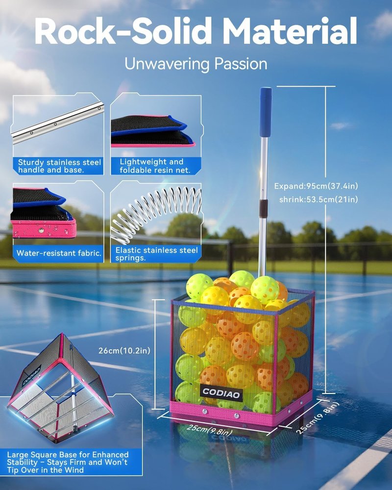 CODIAO Pickleball Picker Upper 40+ Ball Capacity Hopper Holder, Foldable Basket with Telescopic Stainless Steel Handle, Quick Pickup No Bending Ball Retriever Collector, Portable for Court Training