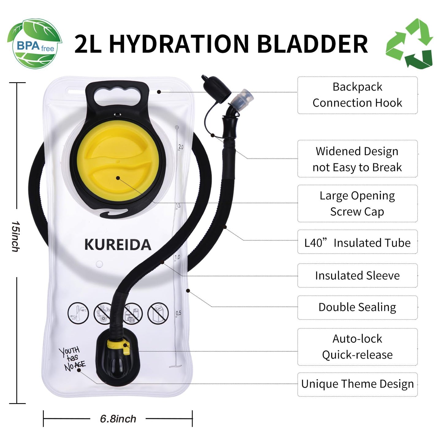 KUREIDA Hydration Bladder 2 Liter,Water Bladder with Insulated Tube,BPA Free,Leak Proof,Hydration Reservoir for Hiking,White and Blue.