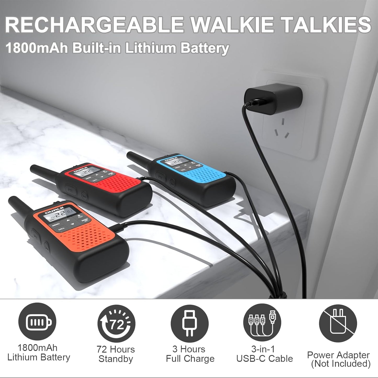Rechargeable Walkie Talkies - Long Range 3 Pack for Adults | NOAA Weather Alert, 22 FRS Channels, 1800mAh Battery, USB-C Charger
