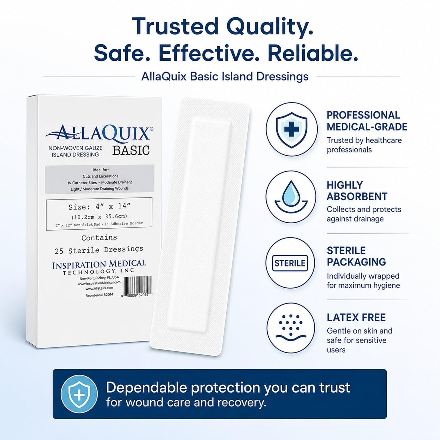AllaQuix Island Wound Dressing for Long Incisions, Extra Large Wound Dressing with Adhesive Border, Surgical Gauze Pads, 4x14 Inch, 25 Count