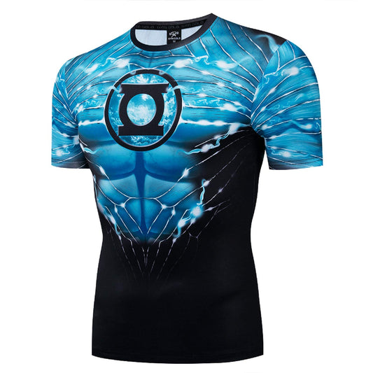 GYM GALA Blue Shirt Short Sleeve Running Sports Fitness T-Shirt HD 3D Print Compression Shirt (Medium, Short Blue)