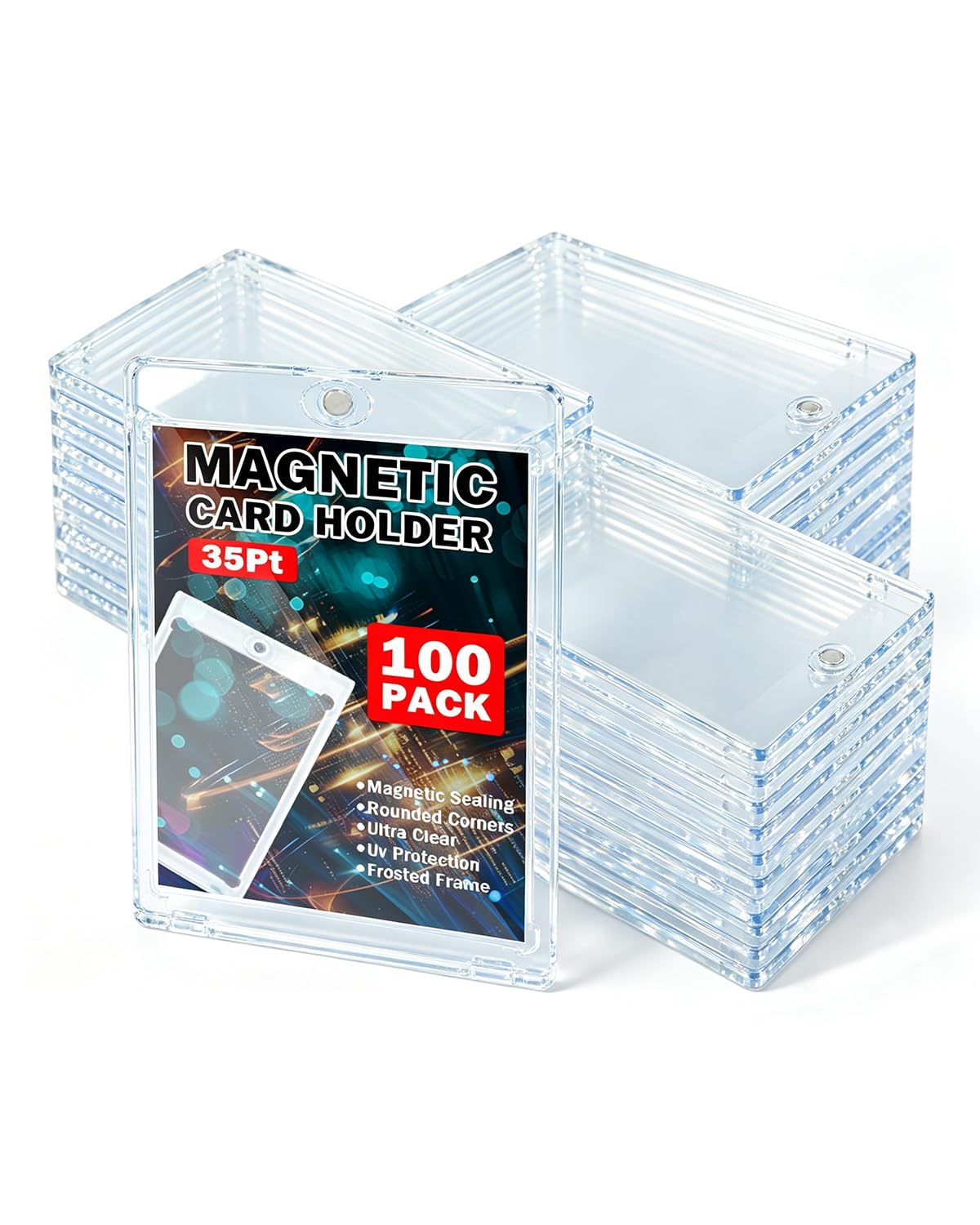 TORONTOKYO 100ct Magnetic Card Holders for Trading Cards, 35PT One Touch Card Holder, Card Protector Hard Plastic for Baseball Football Sports and Game Cards