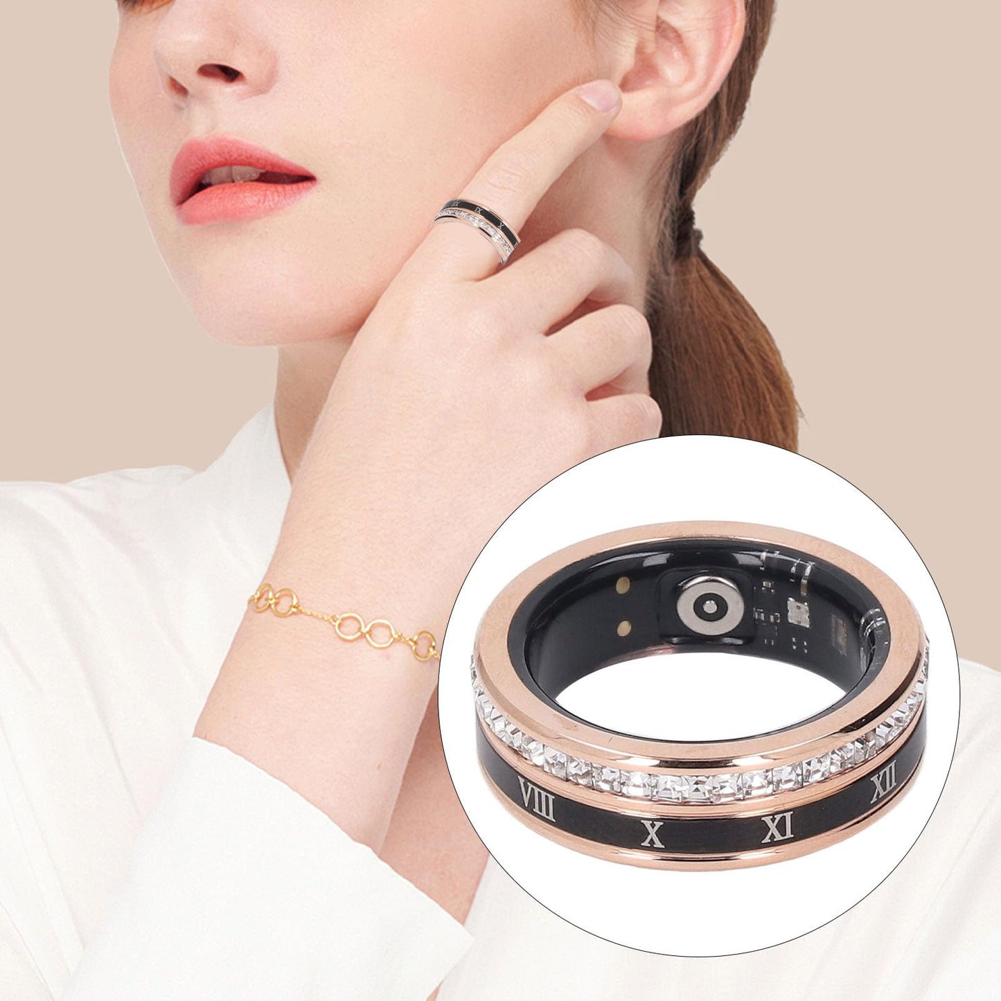 FOSA Health Rings for Women Men, Smart Fitness Tracker Roman Numerals Rotatable Wedding Band Gold Smart Ring Health Tracker (8)